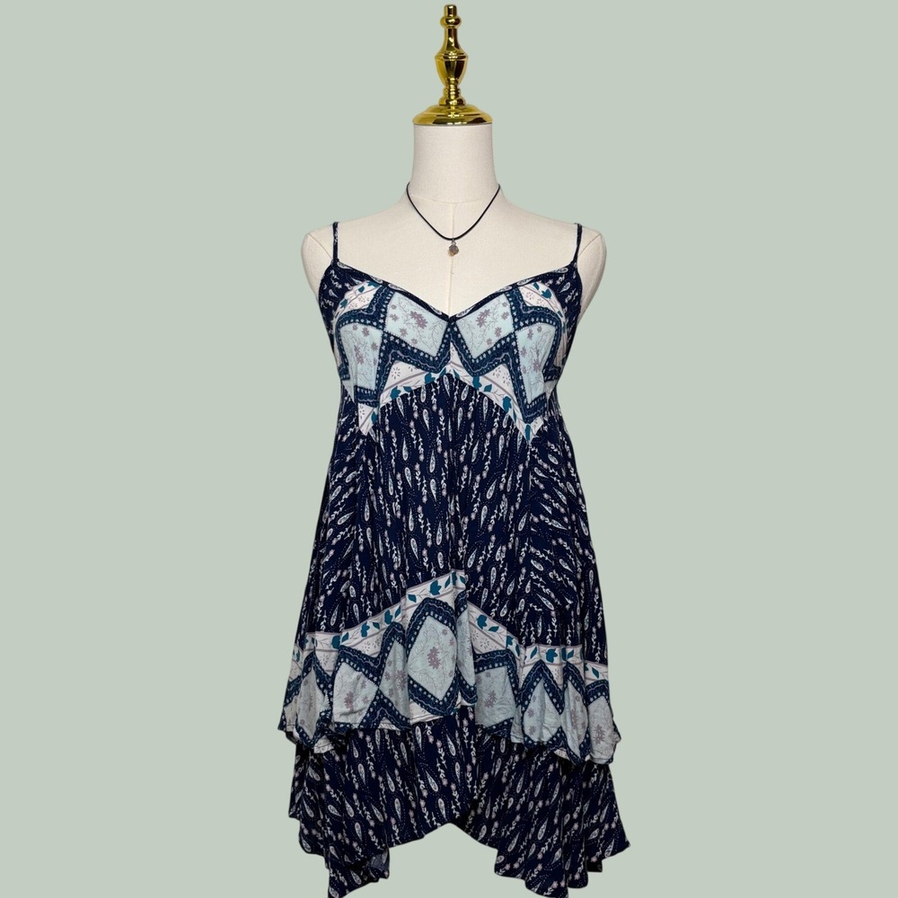 easel boho blue white flowy babydoll mini dress beach indie‎ y2k indie granola